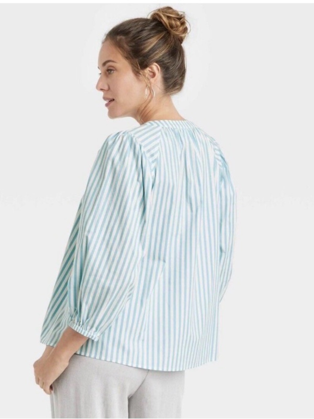 a new day Blue & White Striped Balloon-Sleeve Blouse